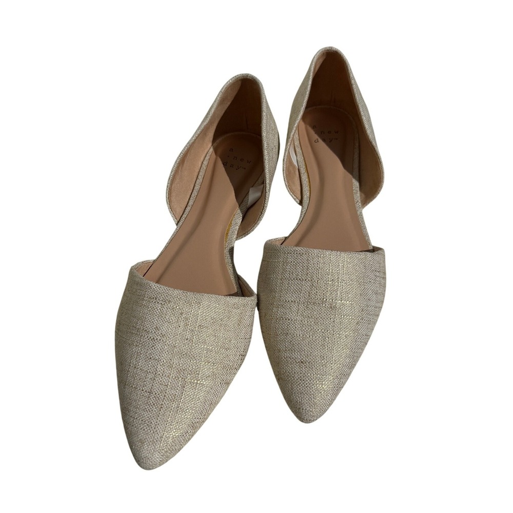 A New Day Flats Womens 8.5 Beige Gold Pointed Toe D'Orsay Shimmer Textile Shoes